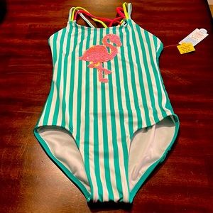 Little green and white striped swimsuit w/ flamingo sequin design